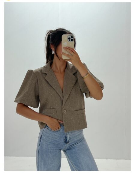 Grijze glitter blazer met pofmouwen - Afbeelding 4